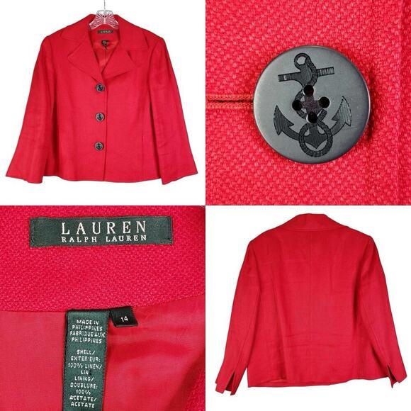 Polo Ralph Lauren Blazer Womens 100% Linen Red Size 14 Nautical Buttons Crop - Picture 1 of 8